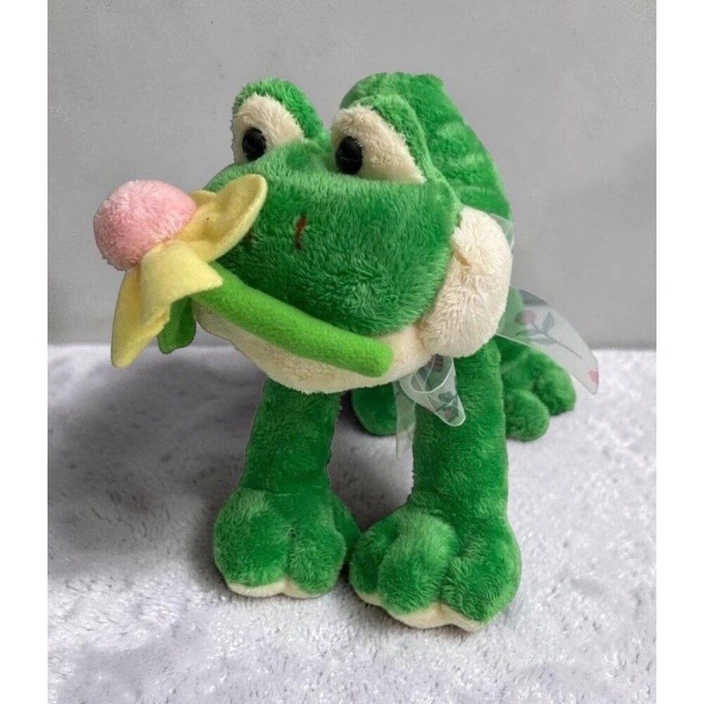 Fine Toy Frog Plush 7” Green Stuffed Animal Flower Bow Korea Cute